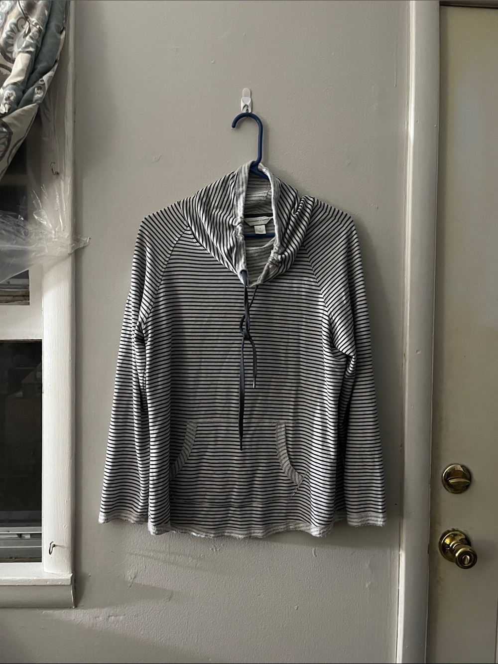 Christopher & Banks Gray and White Striped Funnel Neck Pullover